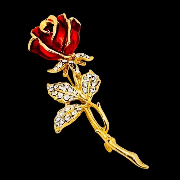Single Enameled Rose Brooch w/Rhinestones - Picture 2 of 7